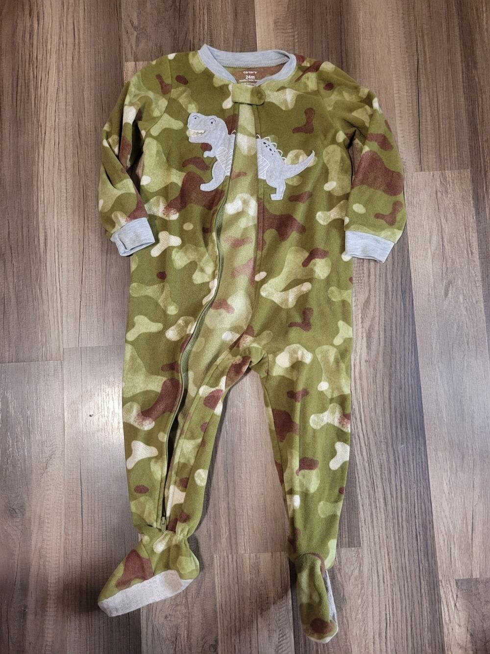 Baby Boy Fleece Camo Dinosaur Zipper Footie Pjama Size 24 Months